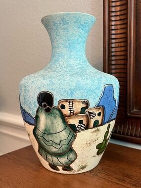 Vintage Southwest Pottery Vase Mexican Desert Scene Cactus Gold Texture Folk Art